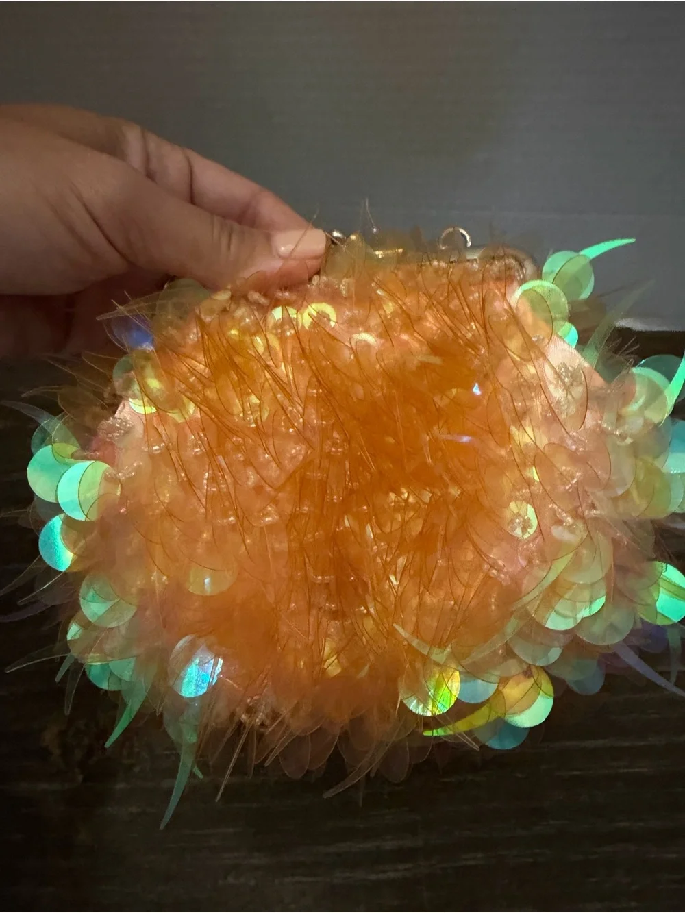 Retro Iridescent Orange Sequin Feather Evening Clutch